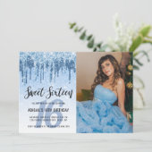 Elegant blauw glitter druppelt zestien zoete kaart (Staand voorkant)