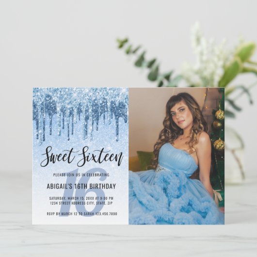 Elegant blauw glitter druppelt zestien zoete kaart (Staand voorkant)