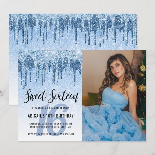 Elegant blauw glitter druppelt zestien zoete kaart (Voorkant / Achterkant)