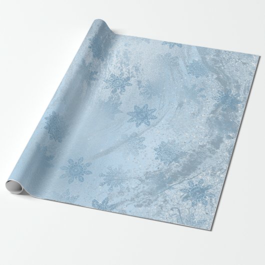 Elegant blauw glitter marble snewflawflakes kerst cadeaupapier (Uitgerold)