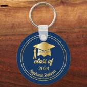 Elegant blauw | Goud 2024 Afstuderen Pet Afstudere Sleutelhanger (Voorkant)