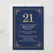 Elegant Blauw Goud 21e Verjaardagsfeestje Kaart (Voorkant)