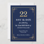 Elegant Blauw Goud 22e Verjaardagsfeest Save The Date (Voorkant)