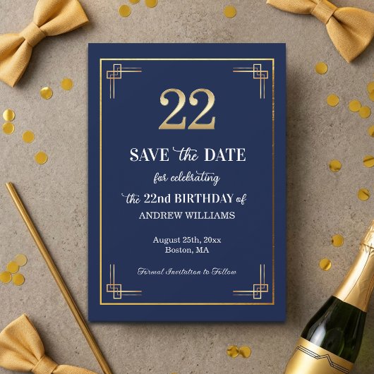 Elegant Blauw Goud 22e Verjaardagsfeest Save The Date