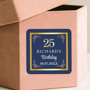 Elegant Blauw Goud 25e Verjaardagsfeestje Vierkante Sticker
