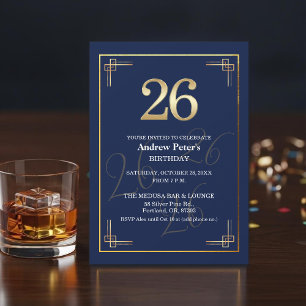 Elegant Blauw Goud 26e Verjaardagsfeest Kaart