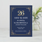 Elegant Blauw Goud 26e Verjaardagsfeest Save The Date (Staand voorkant)