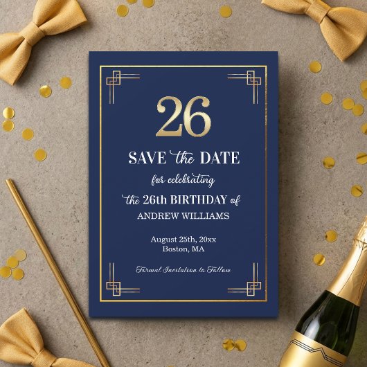 Elegant Blauw Goud 26e Verjaardagsfeest Save The Date