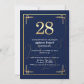 Elegant Blauw Goud 28e Verjaardagsfeest Kaart (Voorkant)