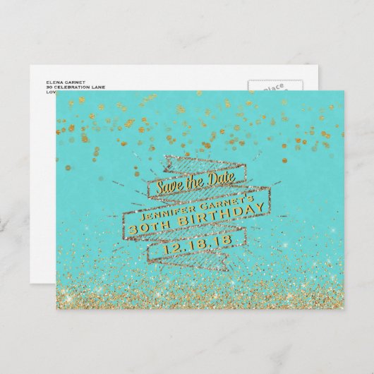 Elegant Blauw Goud 30e Verjaardag Save the Date Aankondigingskaart (Voorkant / Achterkant)