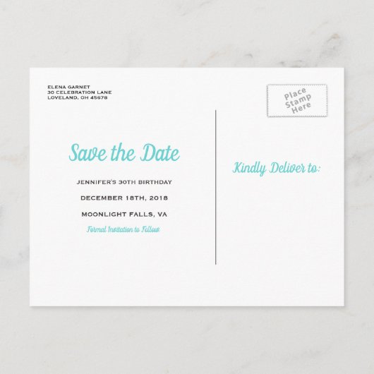 Elegant Blauw Goud 30e Verjaardag Save the Date Aankondigingskaart (Achterkant)