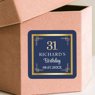 Elegant Blauw Goud 31e Verjaardagsfeest Vierkante Sticker
