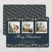 Elegant Blauw Goud 3 Foto Vrolijk Kerstfeest Kaart (Voorkant / Achterkant)