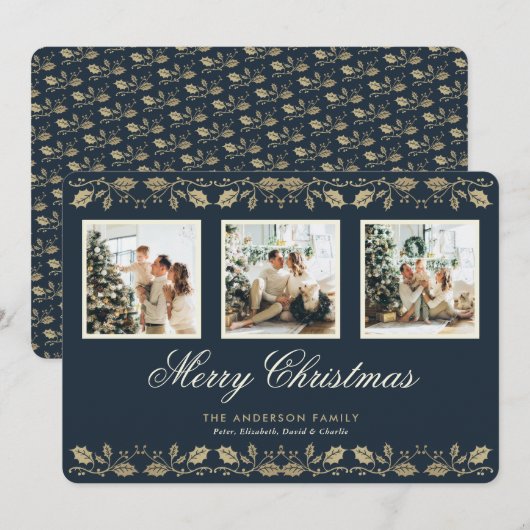 Elegant Blauw Goud 3 Foto Vrolijk Kerstfeest Kaart (Voorkant / Achterkant)
