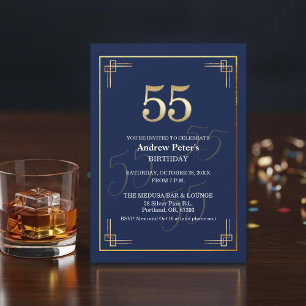 Elegant Blauw Goud 55e Verjaardagsfeest Kaart