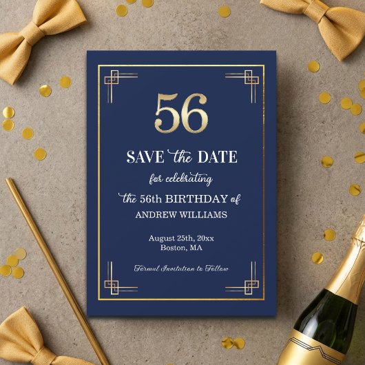 Elegant Blauw Goud 56ste Verjaardagsfeest Save The Date