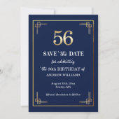 Elegant Blauw Goud 56ste Verjaardagsfeest Save The Date (Voorkant)