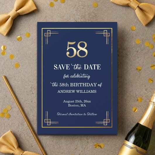Elegant Blauw Goud 58ste Verjaardagsfeest Save The Date