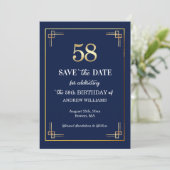Elegant Blauw Goud 58ste Verjaardagsfeest Save The Date (Staand voorkant)