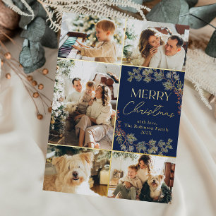 Elegant Blauw Goud 5 Foto Merry Christmas Kaart