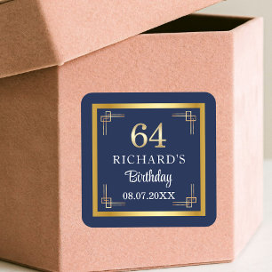 Elegant Blauw Goud 64ste Verjaardagsfeest Vierkante Sticker