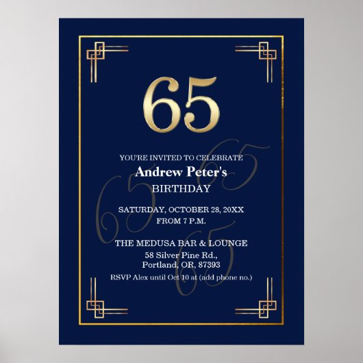 Elegant Blauw Goud 65e Verjaardagsfeest Poster (Voorkant)