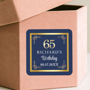 Elegant Blauw Goud 65ste Verjaardagsfeest Vierkante Sticker