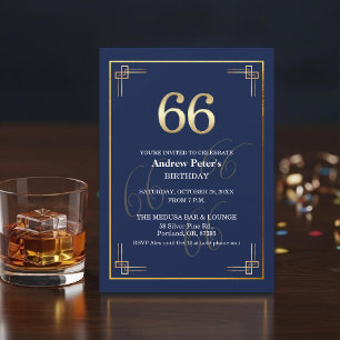 Elegant Blauw Goud 66ste Verjaardagsfeest Kaart
