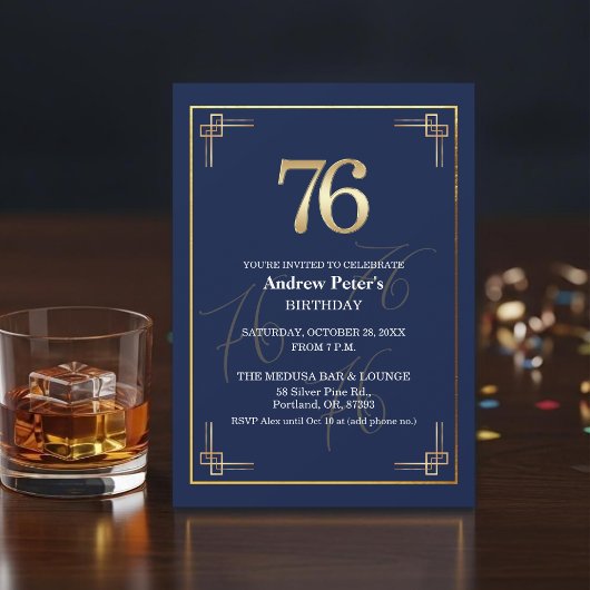 Elegant Blauw Goud 76e Verjaardagsfeest Kaart