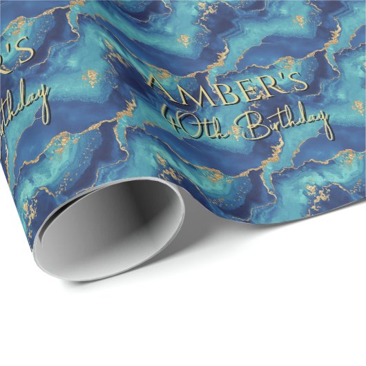 Elegant Blauw Goud Abstract Marmer Design Cadeaupapier (Rol Hoek)