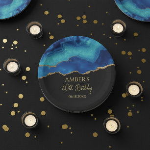 Elegant Blauw Goud Abstract Marmer Design Papieren Bordje