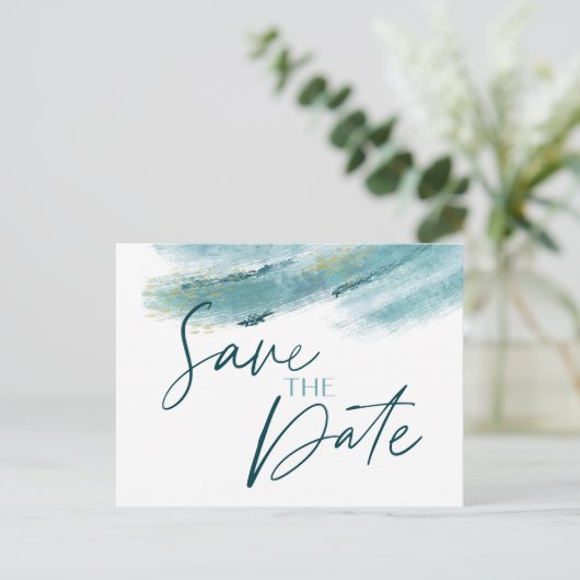 Elegant Blauw Goud Abstract Save the Date Briefkaa Aankondigingskaart (Staand voorkant)