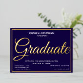 Elegant blauw goud Afstuderen Afstuderen Folie Uitnodiging (Staand Voorkant)