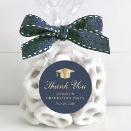 Elegant Blauw Goud Afstuderen Dank u Ronde Sticker