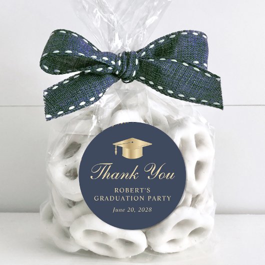 Elegant Blauw Goud Afstuderen Dank u Ronde Sticker