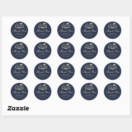 Elegant Blauw Goud Afstuderen Dank u Ronde Sticker (Vel)