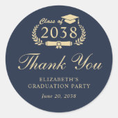 Elegant Blauw Goud Afstuderen Dank u Ronde Sticker (Voorkant)