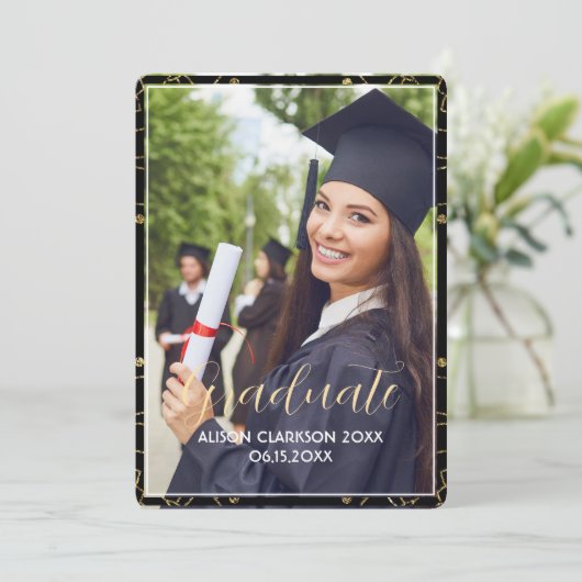 Elegant Blauw  Goud Afstuderen Fotofeest Kaart (Staand voorkant)