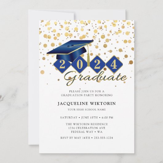 Elegant Blauw Goud Afstuderen Fotofeestje Kaart (Voorkant)
