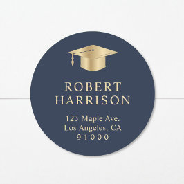 Elegant Blauw Goud Afstuderen Retouradres Ronde Sticker