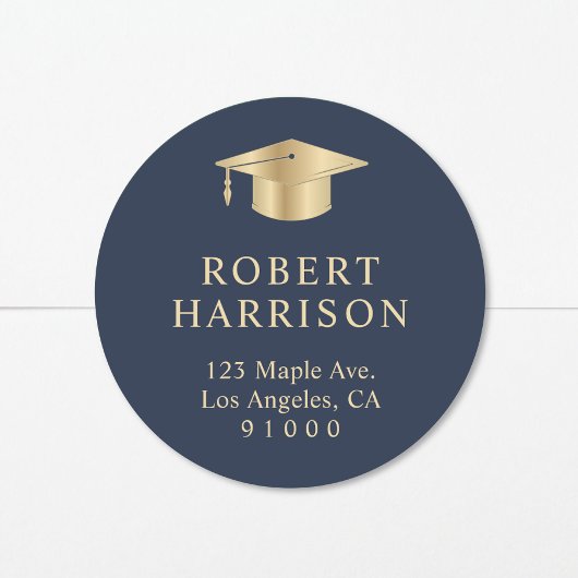 Elegant Blauw Goud Afstuderen Retouradres Ronde Sticker