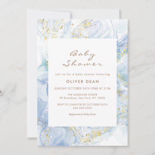 Elegant Blauw Goud Agaat Jongen Baby shower Kaart (Voorkant)