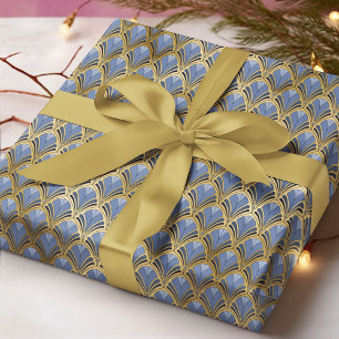Elegant Blauw Goud Art Deco Patroon Cadeaupapier