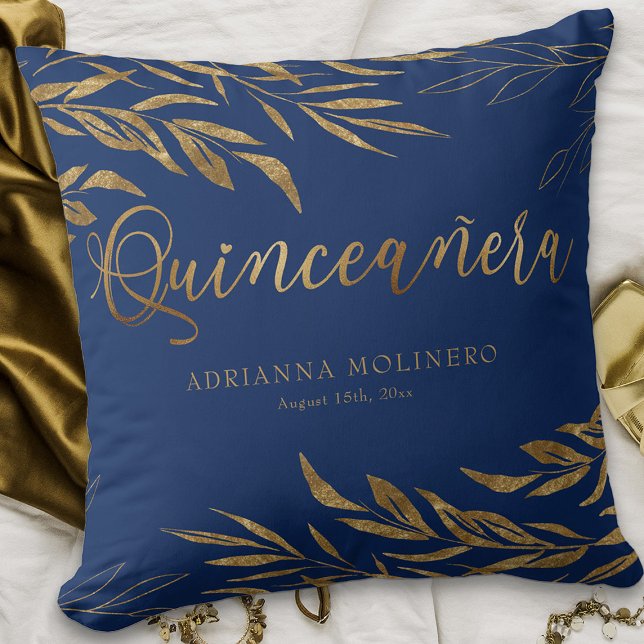 Elegant Blauw Goud Blad Gepersonaliseerde Quincean Kussen (Royal Blue Quinceanera keepsake pillow from my Gold Leaf Quinceanera Collection)