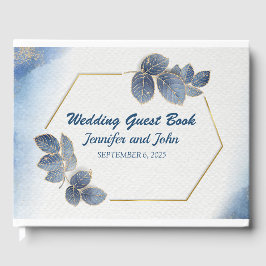 Elegant blauw goud bladeren botanische bruiloft gastenboek