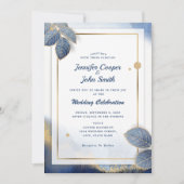 Elegant blauw goud bladeren botanische bruiloft kaart (Voorkant)