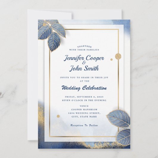 Elegant blauw goud bladeren botanische bruiloft kaart (Voorkant)