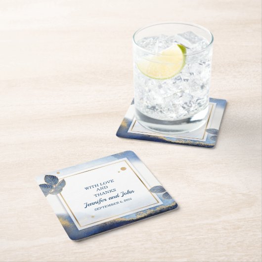 Elegant blauw goud bladeren botanische bruiloft kartonnen onderzetters (Insitu)