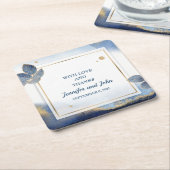 Elegant blauw goud bladeren botanische bruiloft kartonnen onderzetters (Schuin)