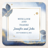 Elegant blauw goud bladeren botanische bruiloft kartonnen onderzetters (Voorkant)